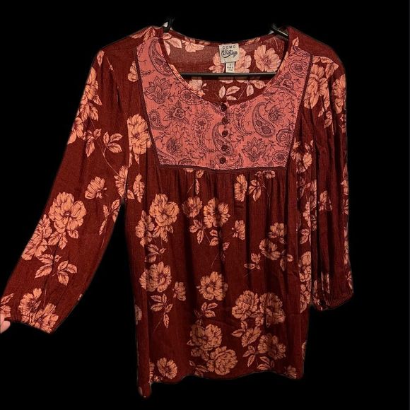 Como Vintage Tops - Como Vintage Retro Red Pink Floral Paisley Boho Hippie Long Sleeve Button Top